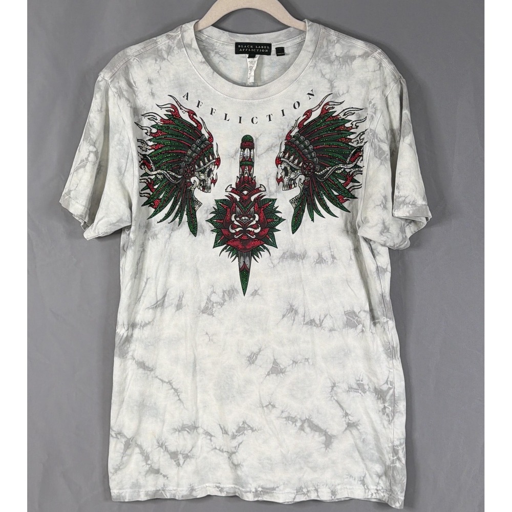 Affliction T-Shirt Mens Medium White Skull Headdress Live Fast Rhinestone Tribal